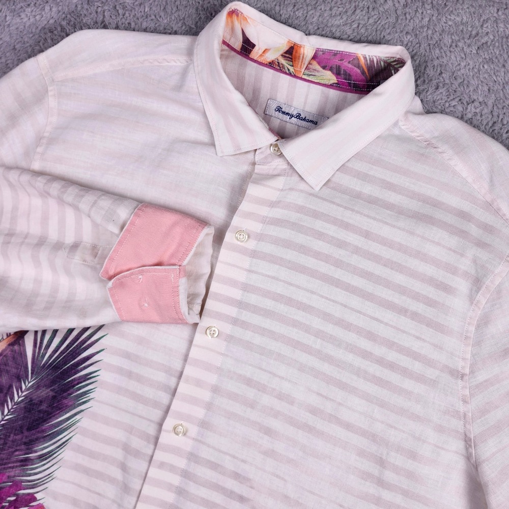 Tommy Bahama Button Down Shirt Men XXL Tropical Floral Palm Linen Blend Bleached